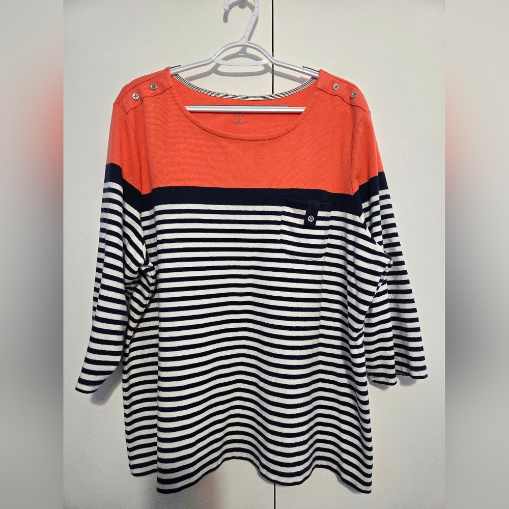 ❤️ Karen Scott Navy Striped 3/4 Sleeve‎ Top